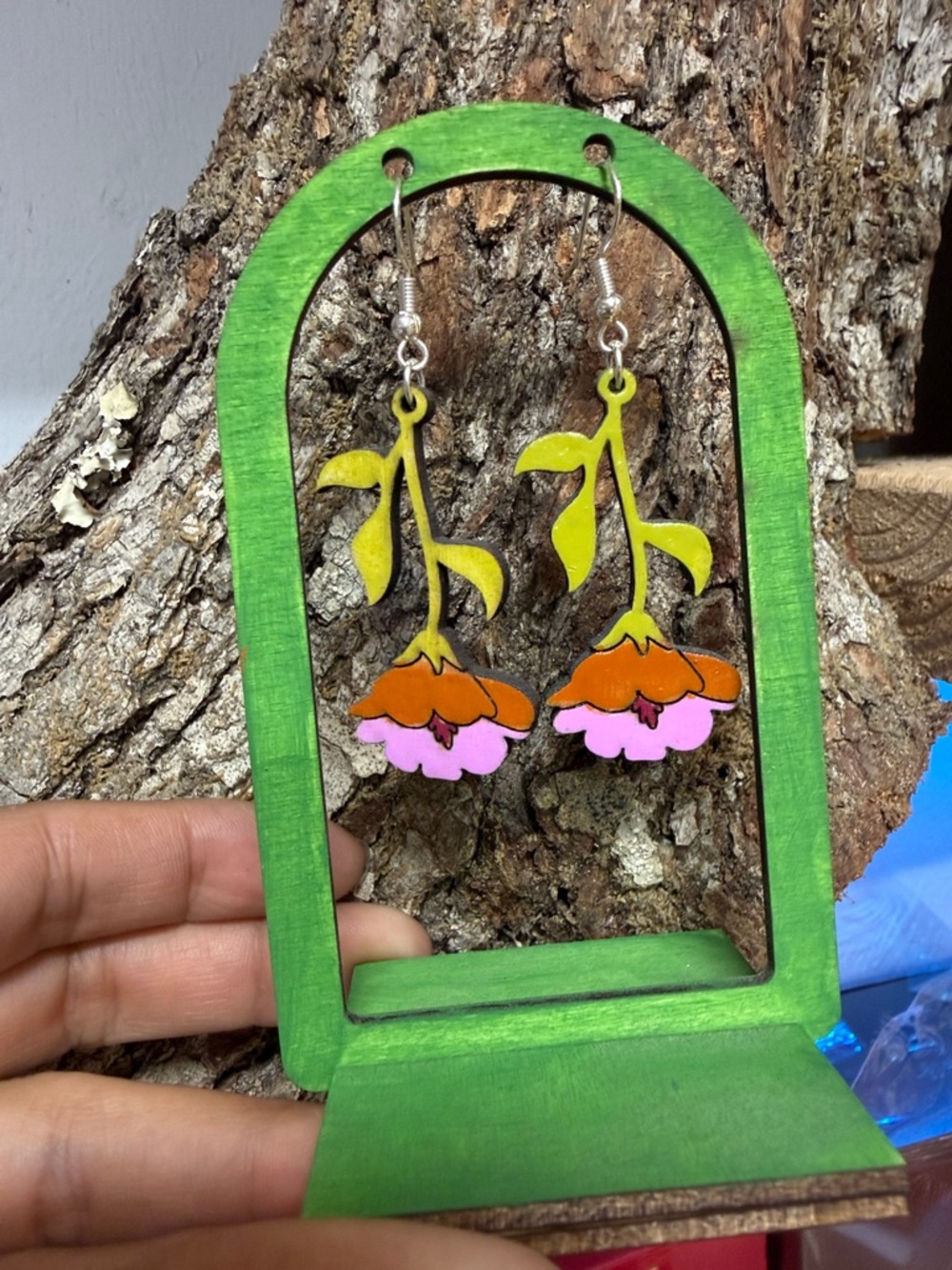 Handmade Floral Drop Earrings in Orange, Pink & Green